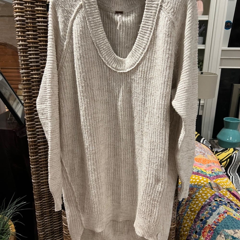 NEW Free People Sunday Scoop Neck Chunky Knit Sweater Tunic Small Oatmeal COZY!